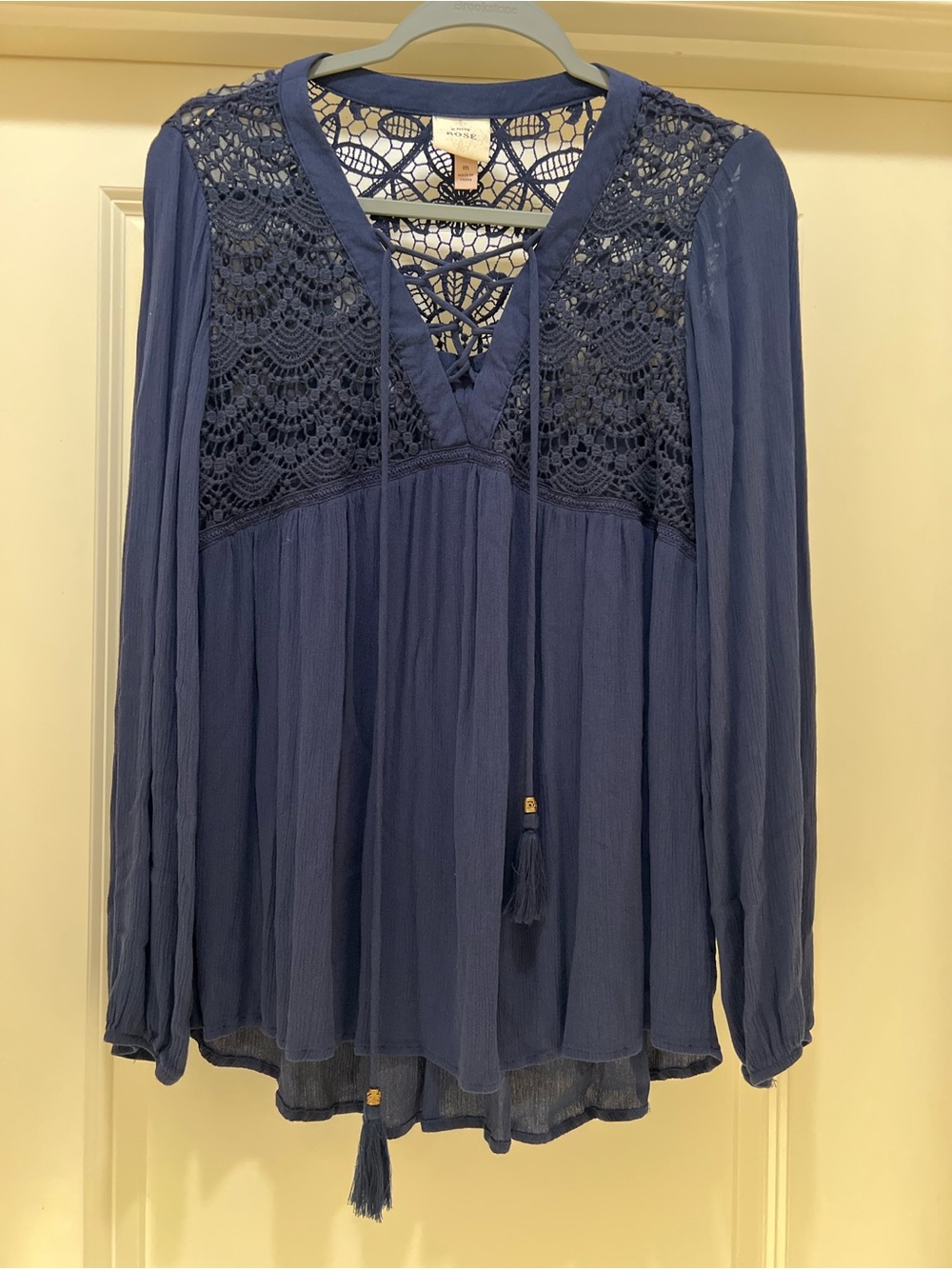 Knox Rose Navy Crochet Yoke Long-Sleeve Peasant Blouse